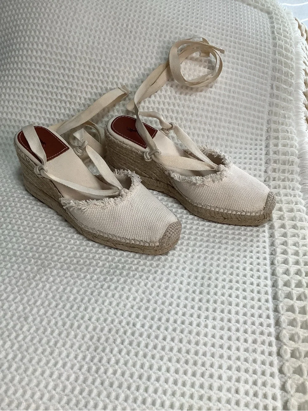 Polo Ralph Lauren Canvas Lace Up Espadrille Wedge Sandals Womens Size 7B Ivory